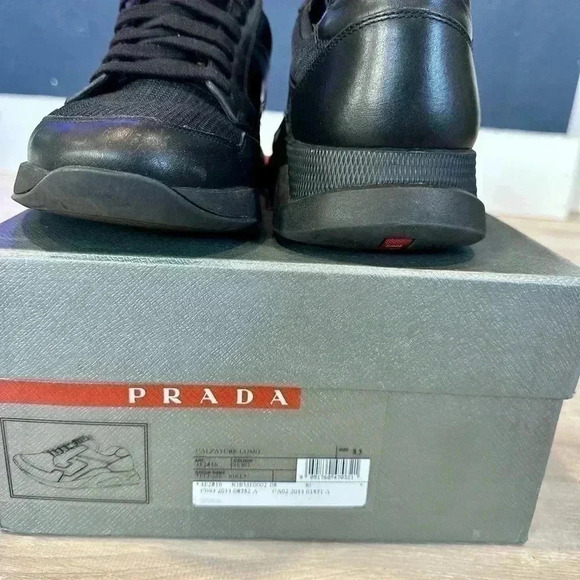 AUTH PRADA AMERICAS CUP SNEAKERS SHOES 4E2816 BLACK LEATHER US 8.5 - Picture 4 of 13
